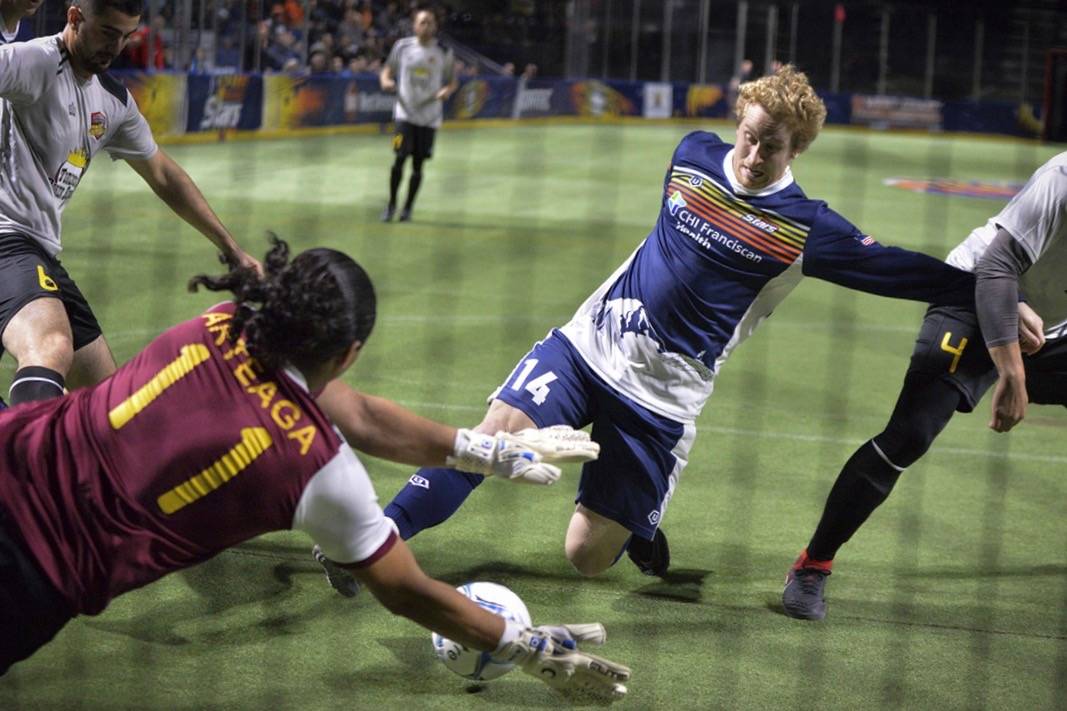 The Stars’ Vince McCluskey scores one of this three goals against the Express in MASL play at the accesso ShoWare Center last year. COURTESY PHOTO, Stars
