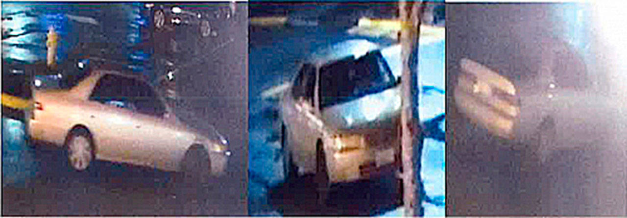 Photos from nearby video surveillance of a Toyota Camry seen fleeing a shooting Sunday night in Des Moines near South 272nd Street and Pacific Highway South. COURTESY IMAGE, Des Moines Police