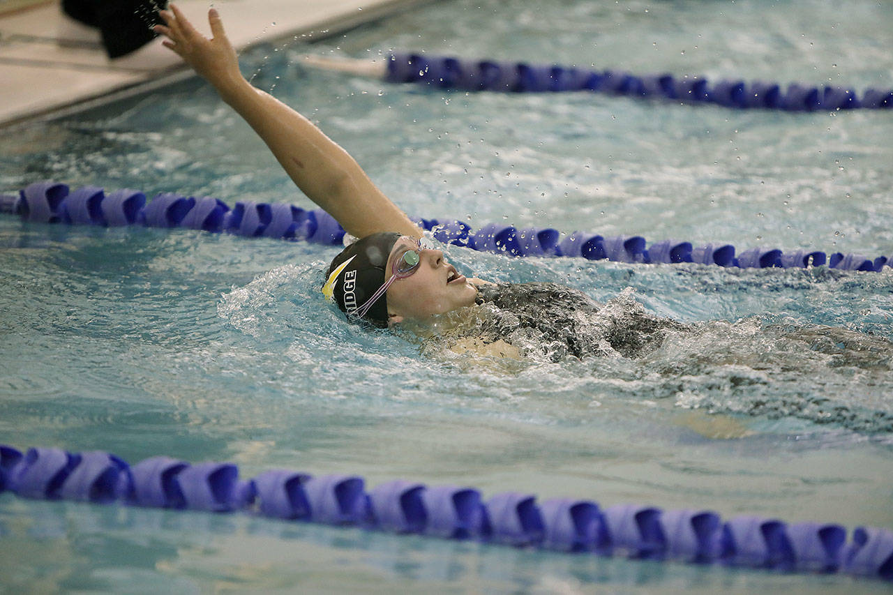Kentridge’s Lauren Briggs swims the backstroke leg of her 200-yard individual medley during the district finals last weekend. Briggs was foourth in the event. COURTESY PHOTO, Tracy Arnold