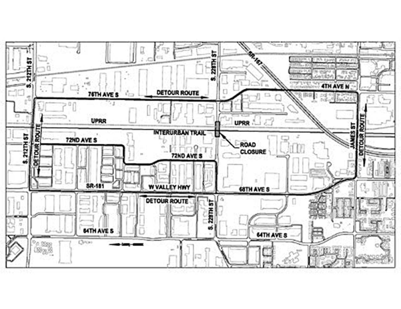 A map of detour routes for the South 228th Street closure. COURTESY GRAPHIC, City of Kent