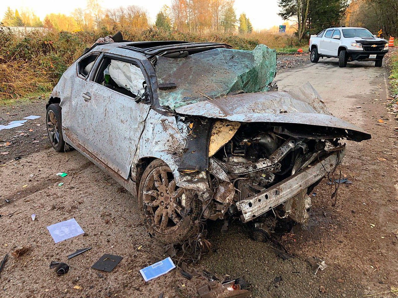 The Washington State Patrol released this photo Tuesday of the single-car crash along Highway 167 in Kent on Sunday that seriously injured the woman driver. COURTESY PHOTO, State Patrol