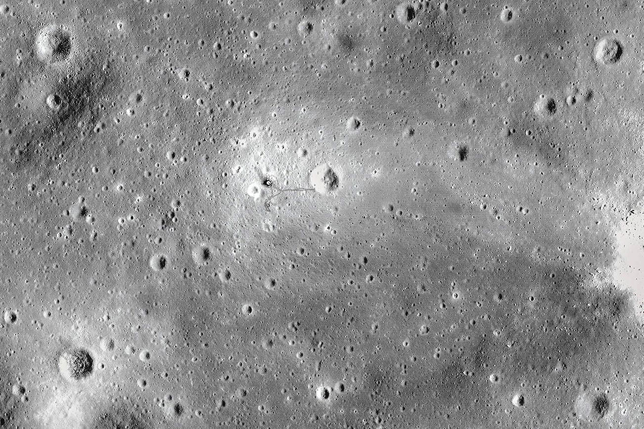 The Apollo 11 Descent Module and astronaut foot trails are visible in the center of this LRO photo. NASA/GSFC/Arizona State University