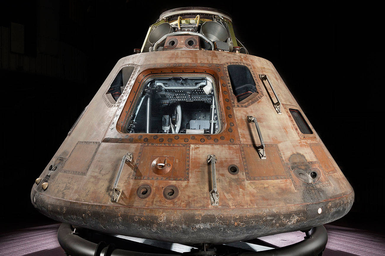 Apollo 11 Command Module Columbia on temporary cradle. Photo by Eric Long, National Air and Space Museum, Smithsonian Institution.