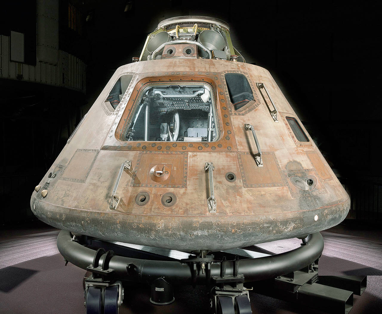 The Apollo 11 command module Columbia on temporary cradle. Photo by Eric Long, National Air and Space Museum, Smithsonian Institution