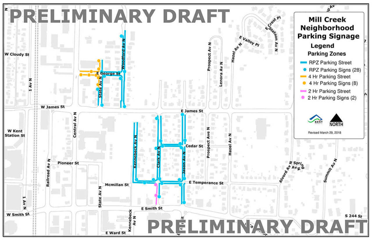 A map shows where restricted parking signs will go up in the Mill Creek neighborhood to stop Sounder train commuters from using the streets. COURTESY GRAPHIC, City of Kent