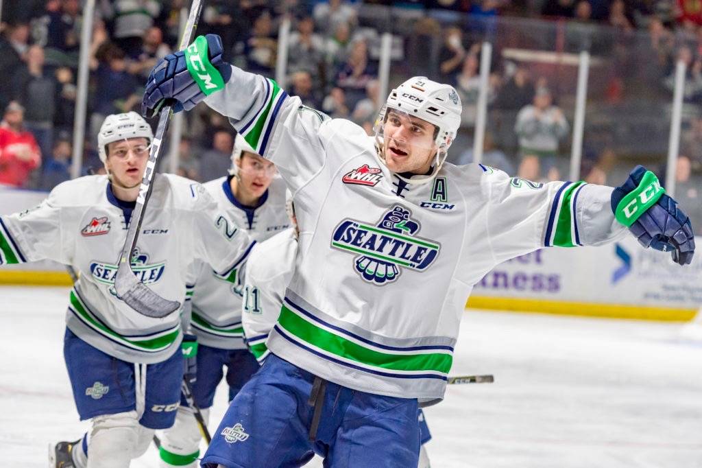 Matthew Wedman celebrates one of his three goals in the Thunderbirds’ 6-4 win over the Royals on Saturday night at the accesso ShoWare Center. COURTESY PHOTO, Brian Liesse, T-Birds