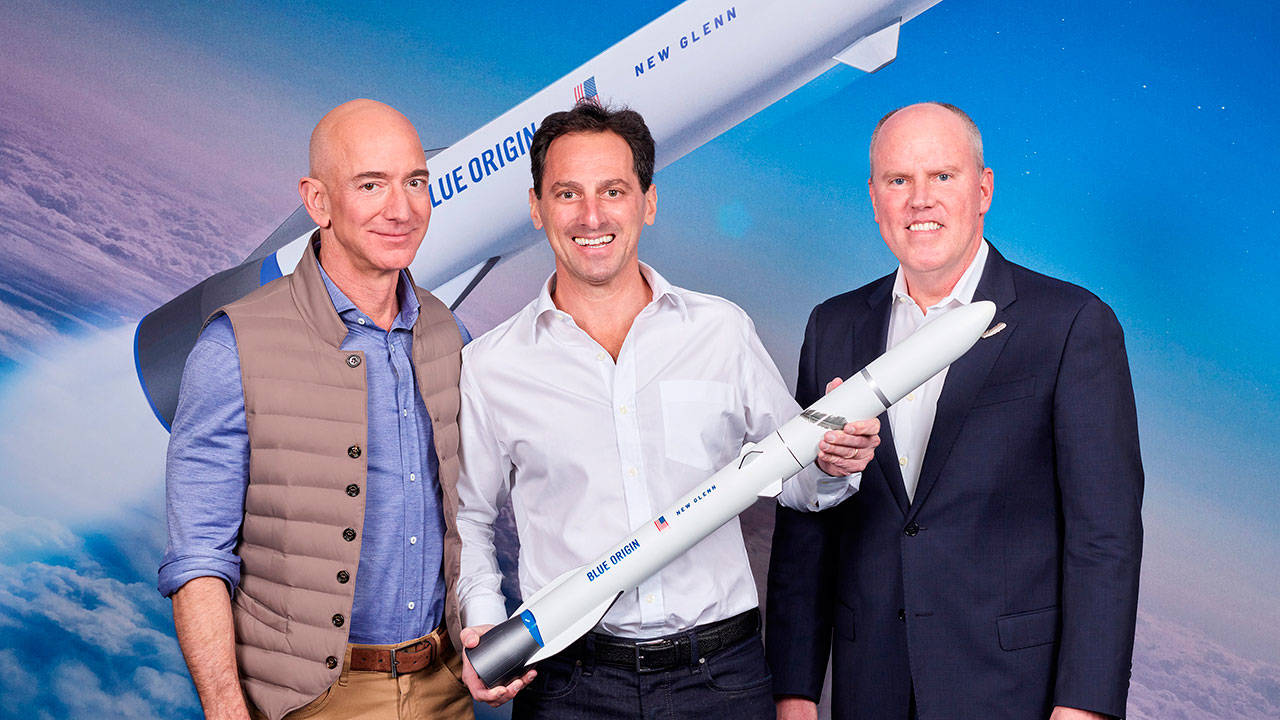 From left to right: Jeff Bezos, Blue Origin founder; Dan Goldberg, Telesat CEO; and Bob Smith, Blue Origin CEO. COURTESY PHOTO, Blue Origin