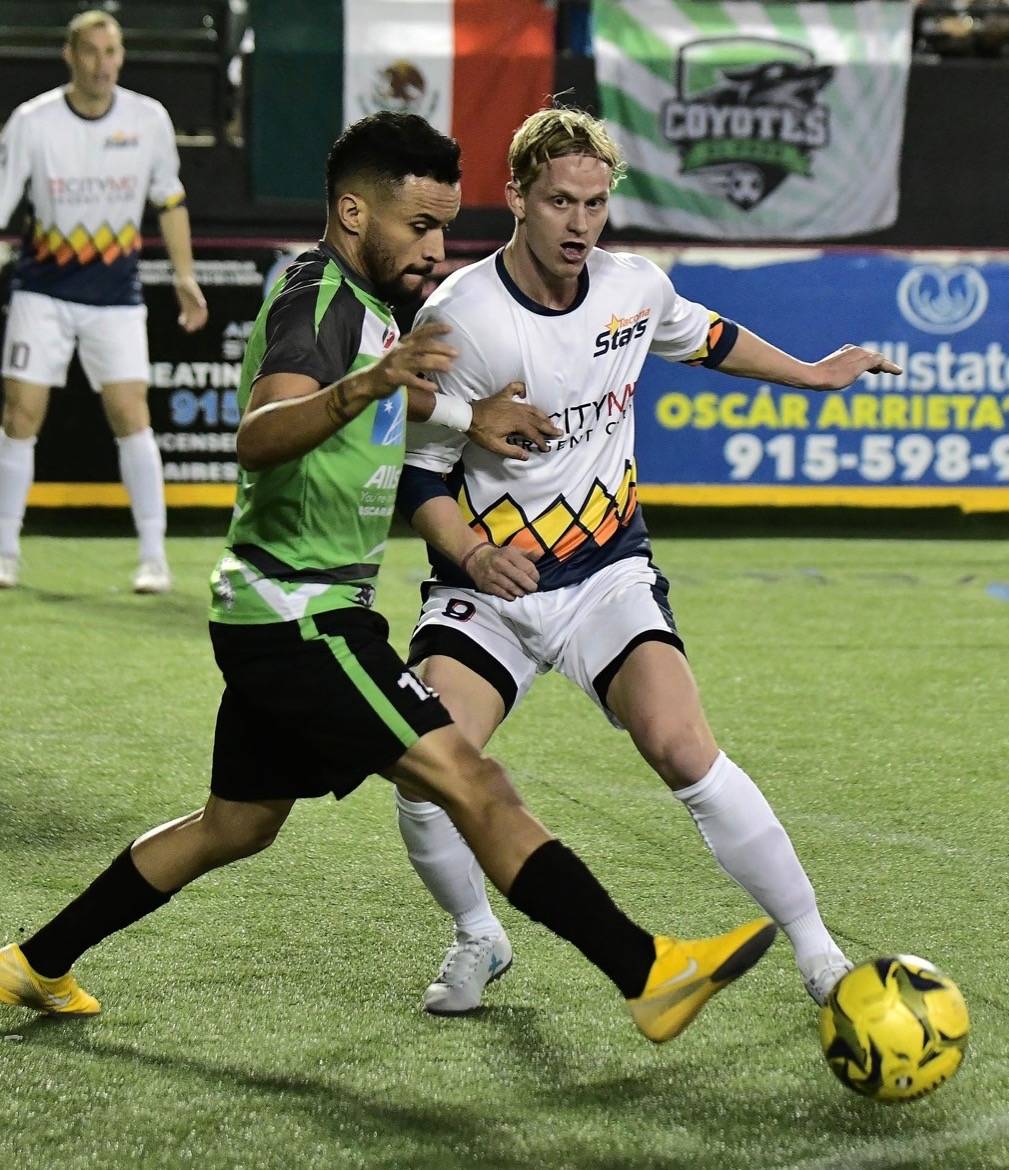 The Stars’ Philip Lund, right, battles for the ball during MASL play against El Paso on Friday night. COURTESY PHOTO, Stars