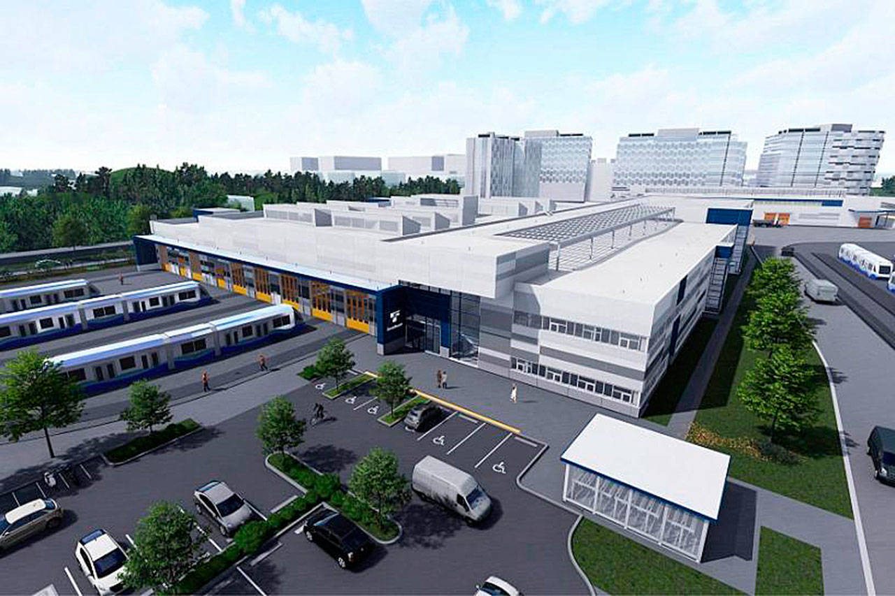 A rendering of the how the Sound Transit Operations and Maintenance Facility in Bellevue will look after construction is finished in about 2023. The agency plans to build a similar facility in South King County by 2026 and has six potential sites. COURTESY GRAPHIC, Sound Transit