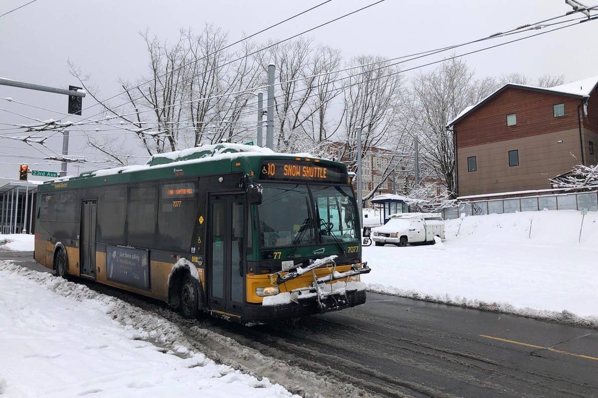 Due to heavy overnight snowfall and dangerous roadway conditions across the region, King County Metro will operate only routes on its Emergency Snow Network Sunday, with service on just 60 core routes and shuttles that the city of Seattle and other jurisdictions prioritized for snow and ice removal. COURTESY PHOTO, King County Metro