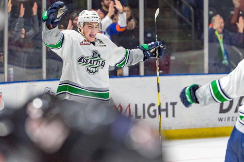 The Thunderbirds’ Matthew Wedman celebrates his game-winning overtime goal against Medicine Hat at the accesso ShoWare Center on Saturday night. COURTESY PHOTO, Brian Liesse, T-Birds
