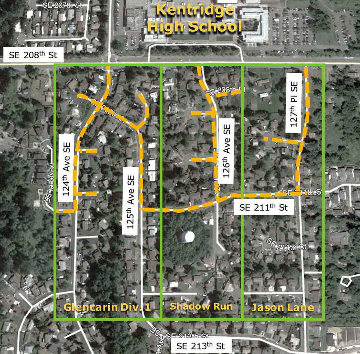 A yellow-orange line shows where the city of Kent plans to restrict parking in neighborhoods near Kentridge High School to stop students from parking on the streets. COURTESY GRAPHIC, City of Kent