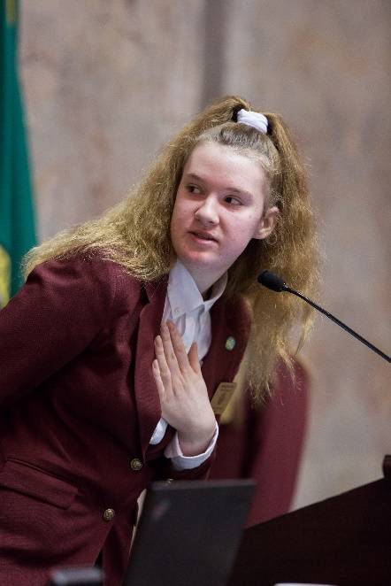Paige Williams delivers the Pledge of Allegiance to begin the Senate floor session on Feb. 26. COURTESY PHOTO, Washington State Legislature
