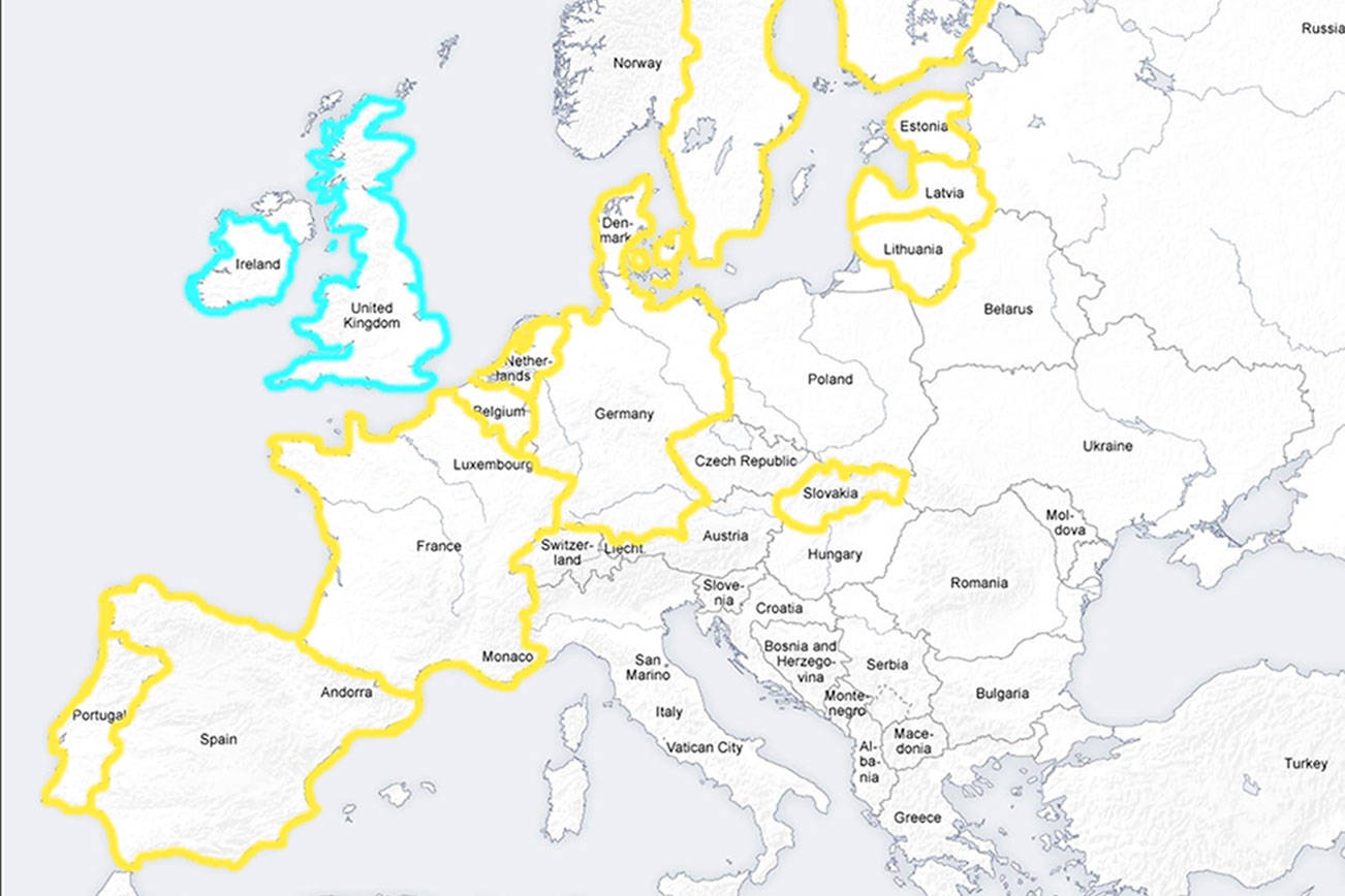 Microsoft has expanded their AccountGuard service to 12 new European Countries. Yellow: European countries already protected. Blue: European countries now protected. (Source: Wikimedia Commons)