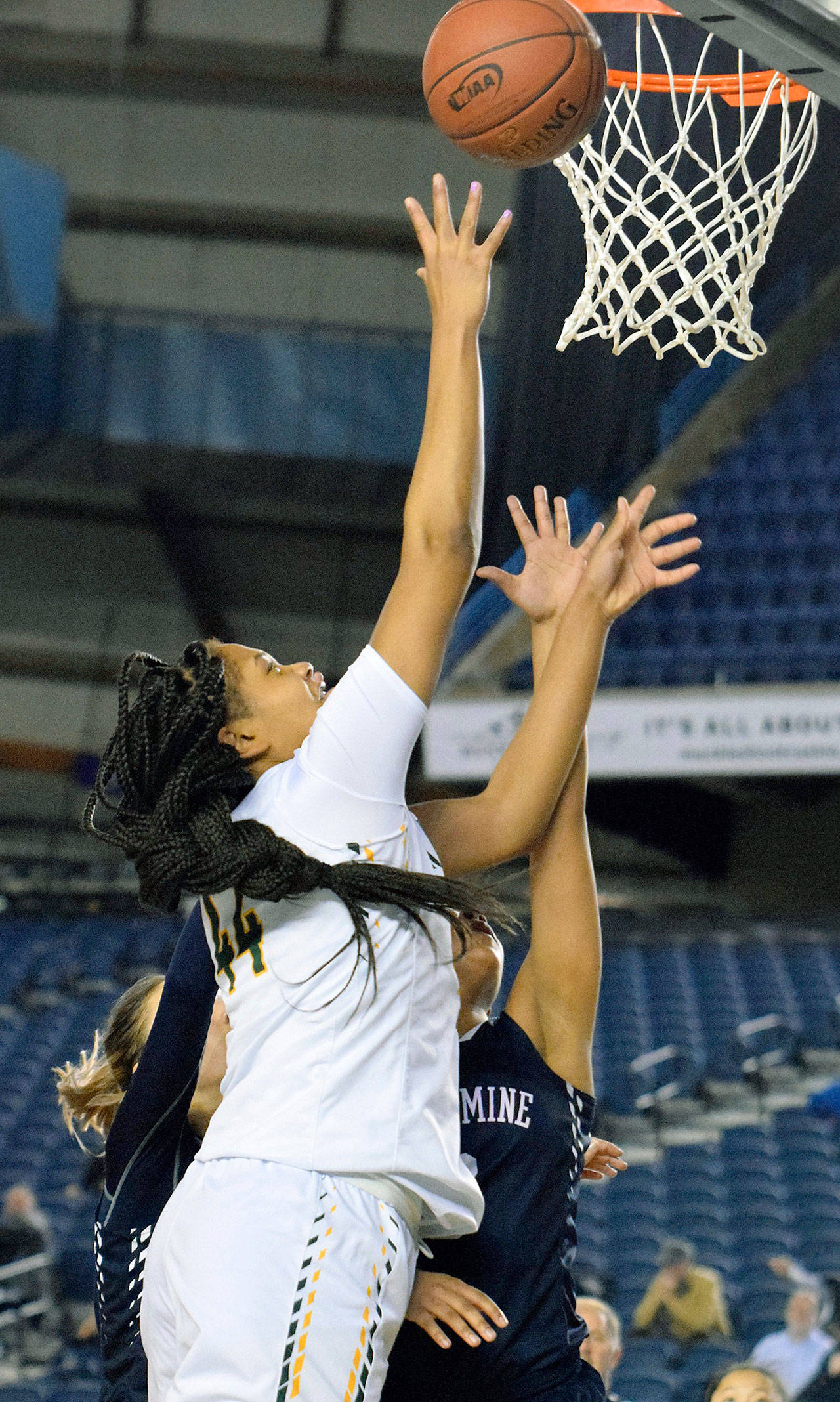 Kentridge’s JaQuaya Miller goes for the shot against Bellarmine Prep during 4A Hardwood Classic play at the Tacoma Dome on March 2. The Chargers won 70-60 to finish third in the state tournament. RACHEL CIAMPI, Kent Reporter