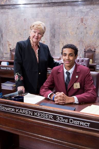 Isaiah Jones-Kulow on the Senate floor with Sen. Karen Keiser, D-Kent. COURTESY PHOTO, Washington State Legislature