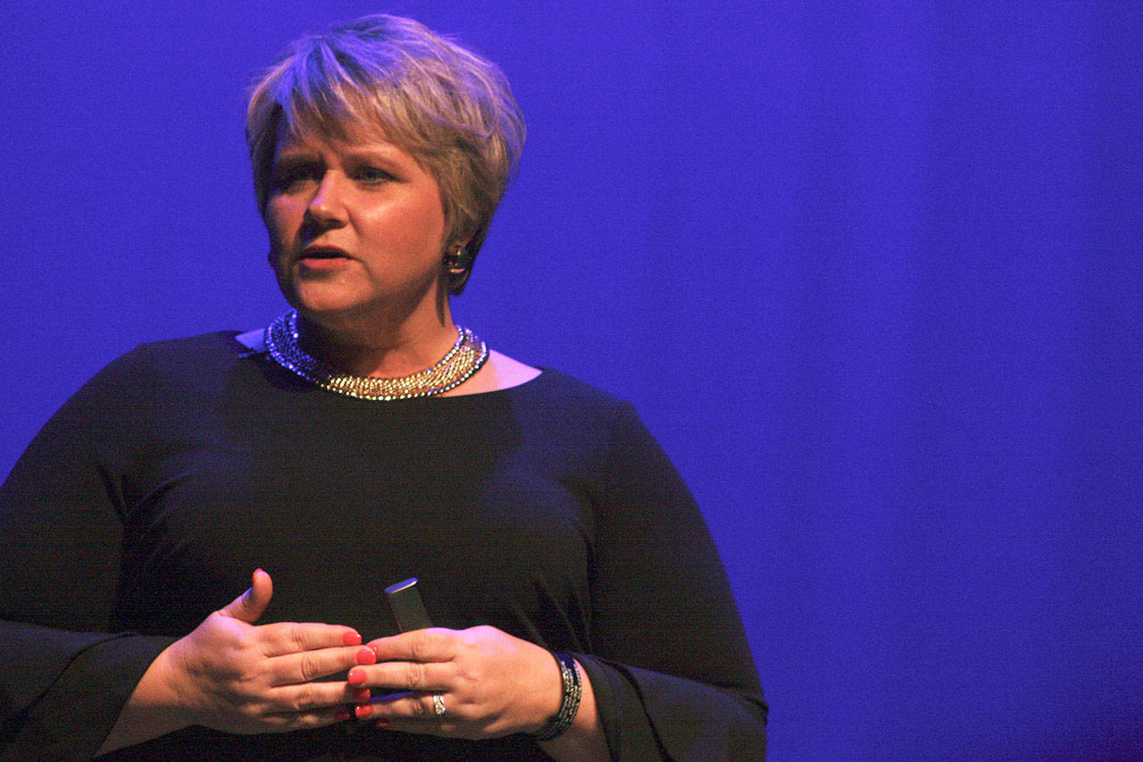 Mayor Dana Ralph, in her State of the City address on March 14 at the Kent-Meridian PAC, touts progress while announcing new initiatives to enhance the Kent community. MARK KLAAS, Kent Reporter