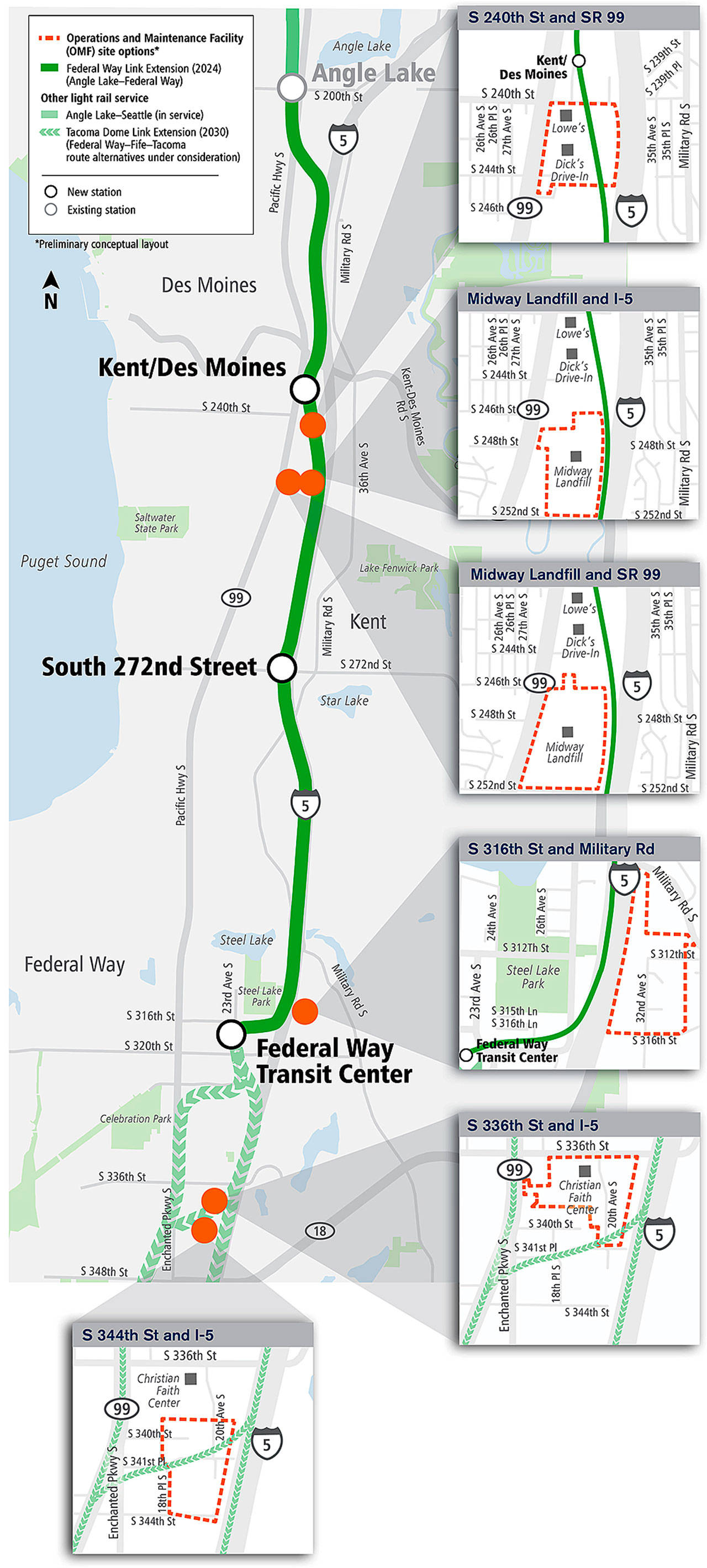 Sites under consideration by Sound Transit for a light rail vehicle Operations and Maintenance Facility. COURTESY GRAPHIC, Sound Transit