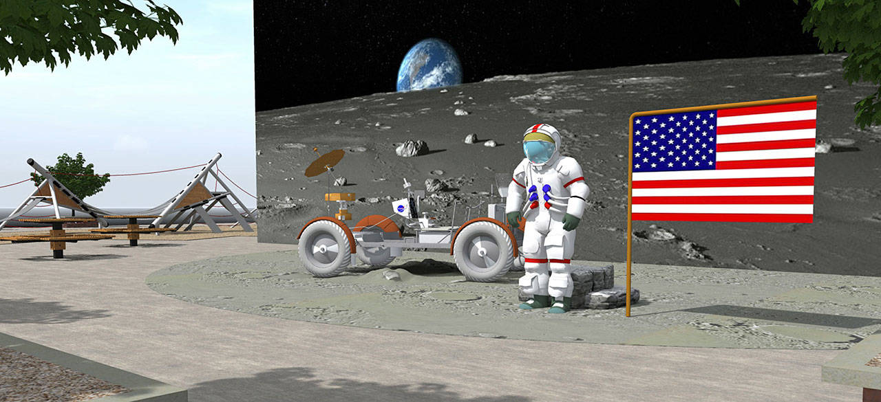 A preliminary design of the lunar rover vehicle and astronaut that could be installed by late 2020 at Kherson Park in downtown Kent. COURTESY GRAPHIC, City of Kent
