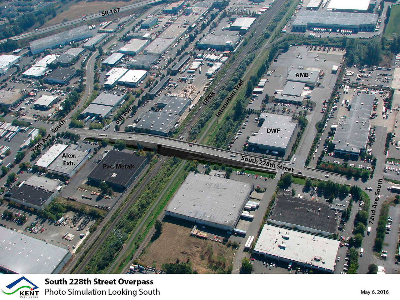 This photo simulation shows an overpass that the city of Kent will construct over the Union Pacific Railroad tracks along South 228th Street to improve traffic flow. The bridge is expected to be done in late 2020. COURTESY GRAPHIC, City of Kent