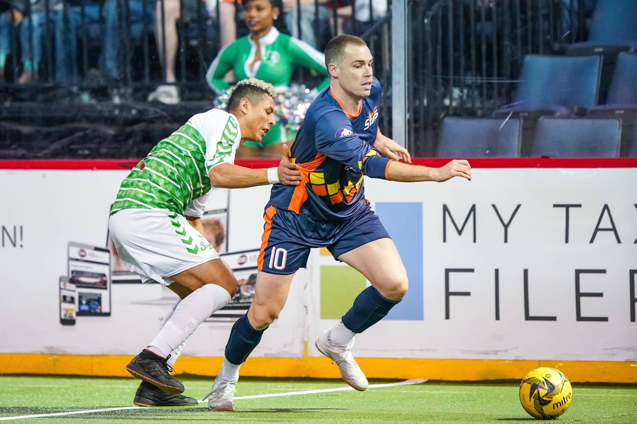 The Stars’ Nick Perera drives the ball up the field against a Sidekick defender during MASL play in Dallas on Saturday night. COURTESY, Michael Lark Photography