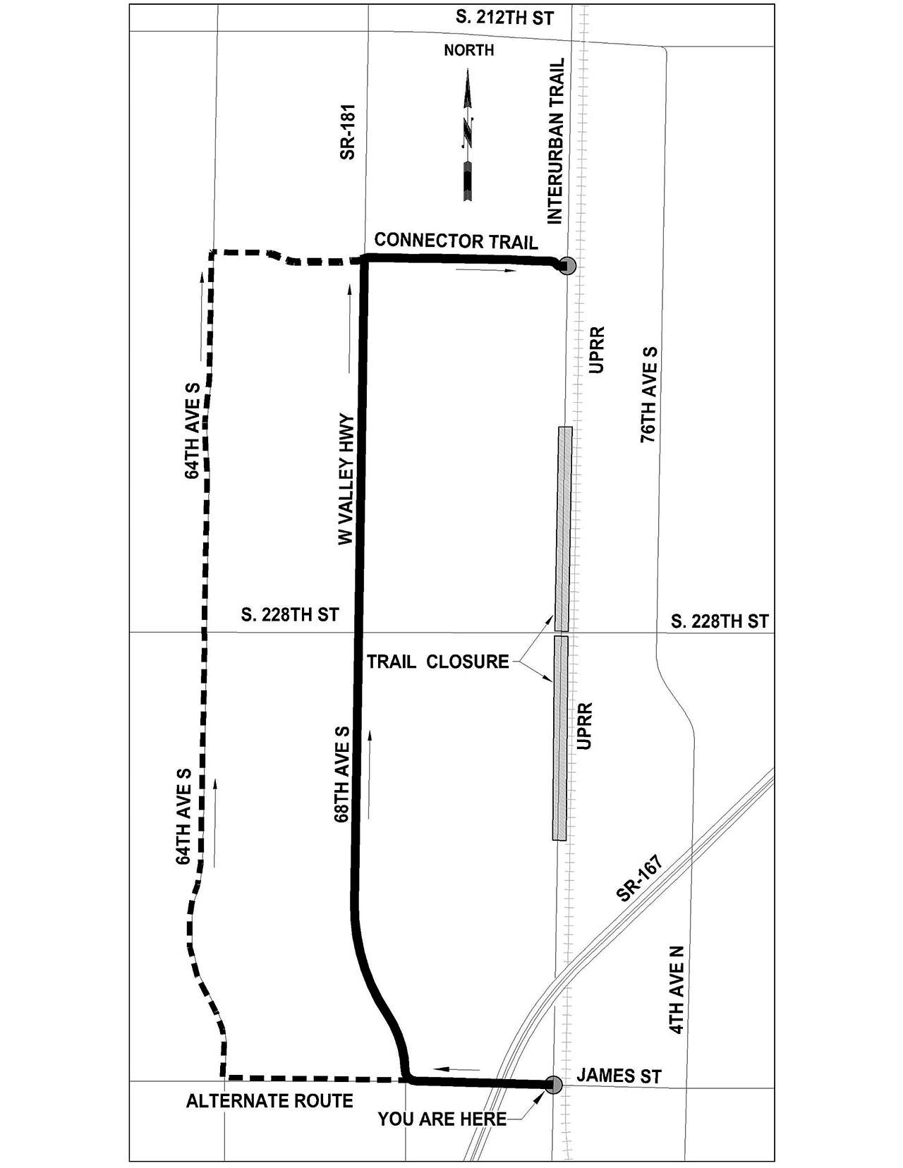 A map shows the details of the detour for the closure of the Interurban Trail over the next two years for construction of the South 228th Street overpass above the Union Pacific Railroad tracks. COURTESY GRAPHIC, City of Kent