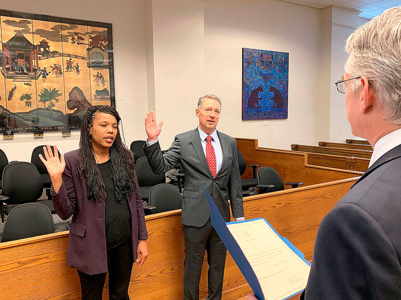 Judges Josephine Wiggs-Martin and David A. Steiner are sworn in Monday in King County Superior Court at the Maleng Regional Justice Center in Kent. COURTESY PHOTO, King County Superior Court