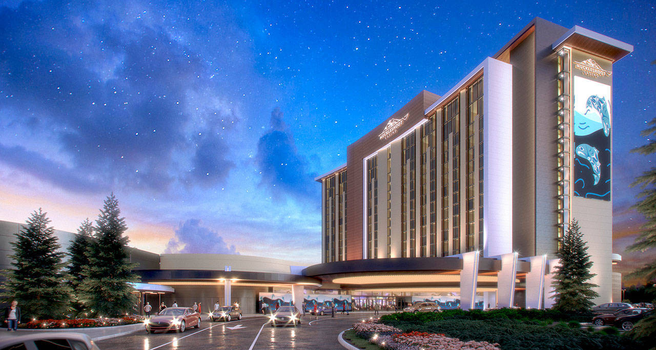 A rendering of what the Muckleshoot Indian Tribe’s new 18-story, 400-room hotel resort will look like when it is expected to open in 2021, next to its main casino at 2402 Auburn Way S. COURTESY IMAGE, Tribe/Smarthouse Creative