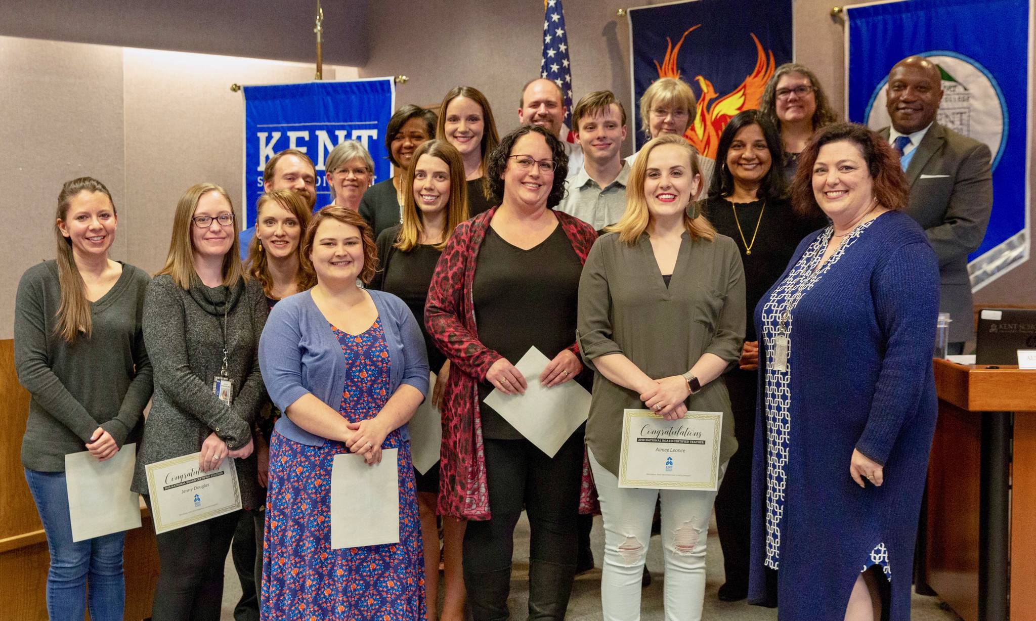 The Kent School Board and Superintendent Calvin Watts recently recognized district teachers who earned National Board certification. COURTESY PHOTO