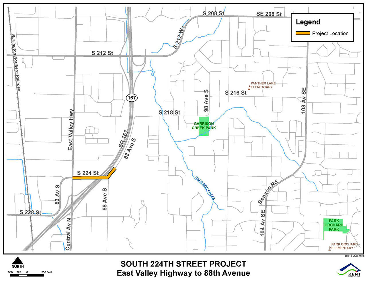 A map shows where the South 224th Street bridge crosses Highway 167. COURTESY GRAPHIC, City of Kent
