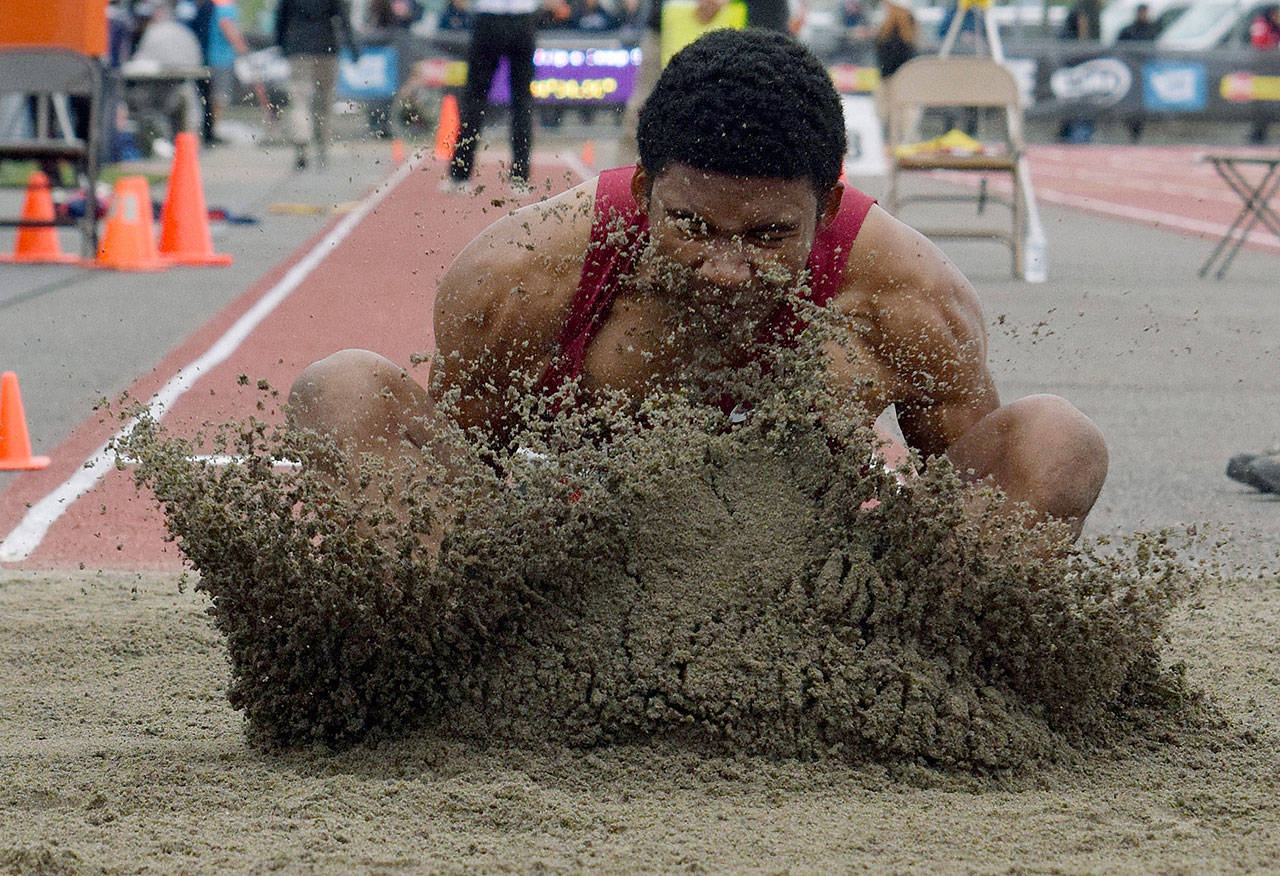 Kentlake’s Justice Etafo claims the 4A long jump title with a leap of 23 feet, 3 inches. RACHEL CIAMPI, Kent Reporter