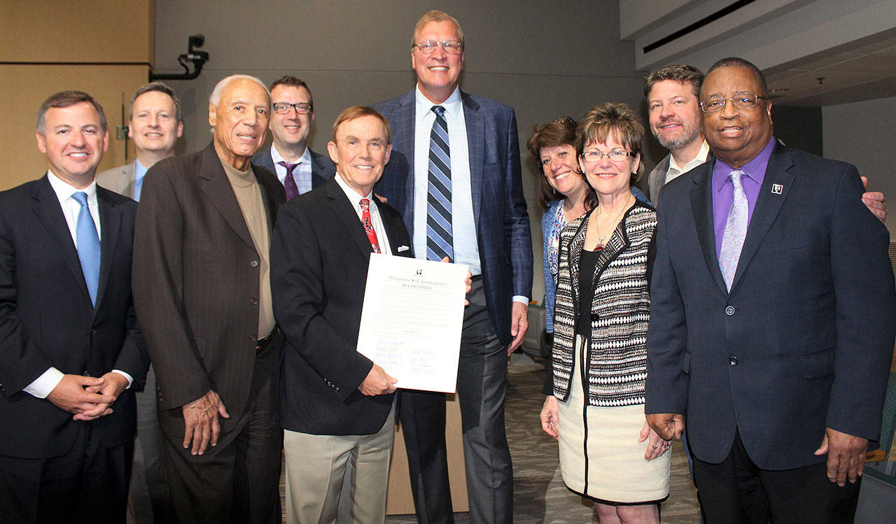 Front Row (left to right) County Councilmember Rod Dembowski, Lenny Wilkens, County Councilmembers Pete von Reichbauer, Kathy Lambert and Larry Gossett. Back Row (left to right) County Councilmembers Dave Upthegrove and Joe McDermott, Jack Sikma, Councilmembers Claudia Balducci and Reagan Dunn.