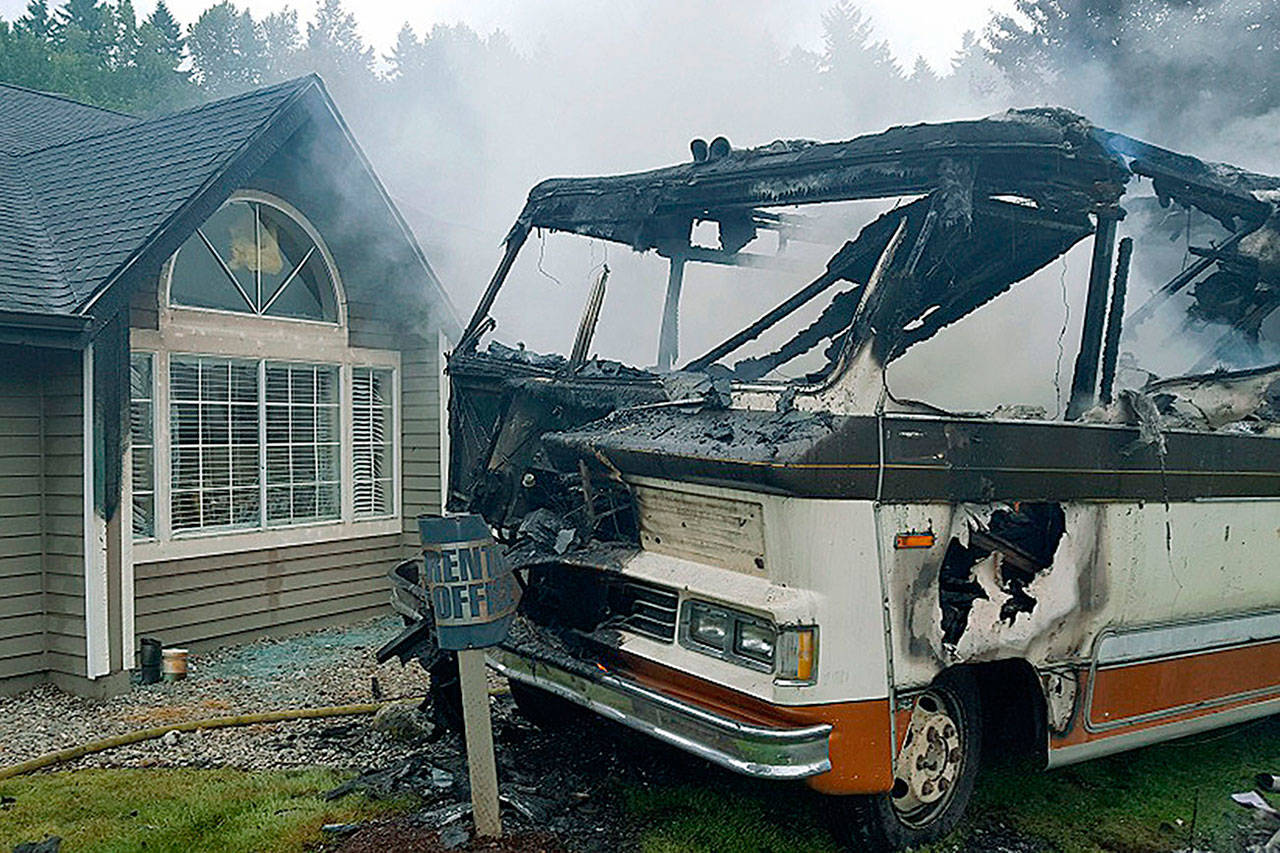 Firefighters quickly doused a burning motorhome after it wound up off the road and close to an office Thursday afternoon. There were no injuries. COURTESY PHOTO, Puget Sound RFA