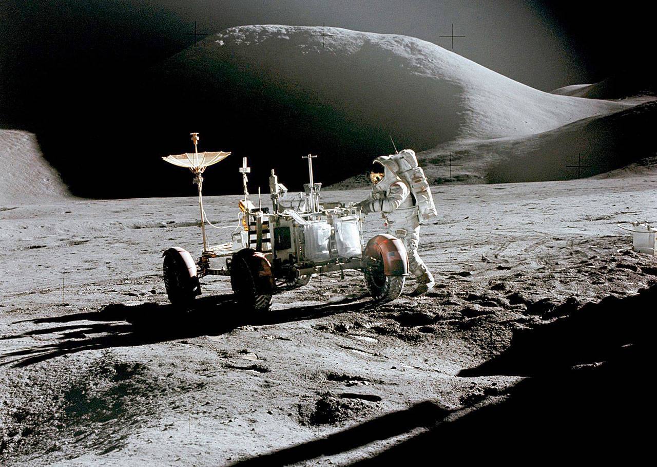 Boeing, specifically its space hub in Kent, also was responsible for building, testing and delivering the reliable lunar rover that was used successfully on Apollo’s last three moon missions. COURTESY PHOTO, city of Kent, NASA