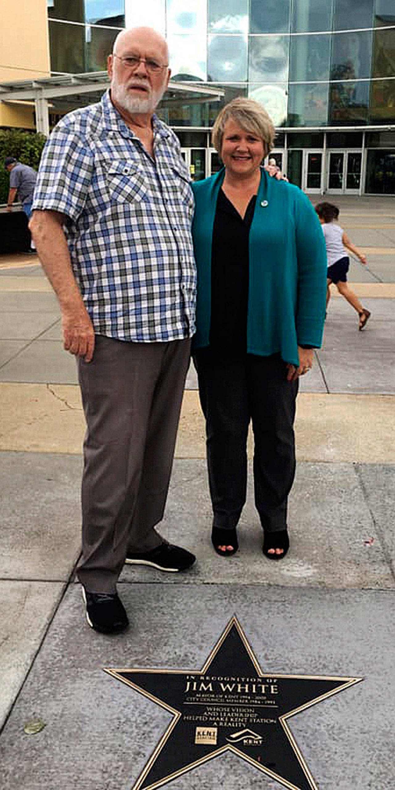 Former Kent Mayor Jim White and current Mayor Dana Ralph next to the star placed for White on the Kent Station plaza. COURTESY PHOTO, City of Kent