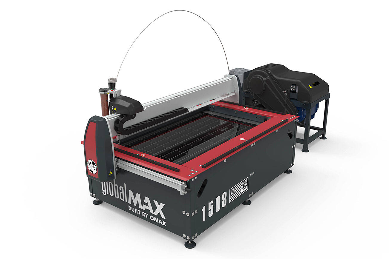 OMAX’s GlobalMAX 1508 features a 0.8-by-1.5-meter cutting bed size. Like other OMAX abrasive waterjets, the GlobalMAX can cut almost any material and a wide variety of material thicknesses without any heat-affected zone. COURTESY PHOTO, OMAX