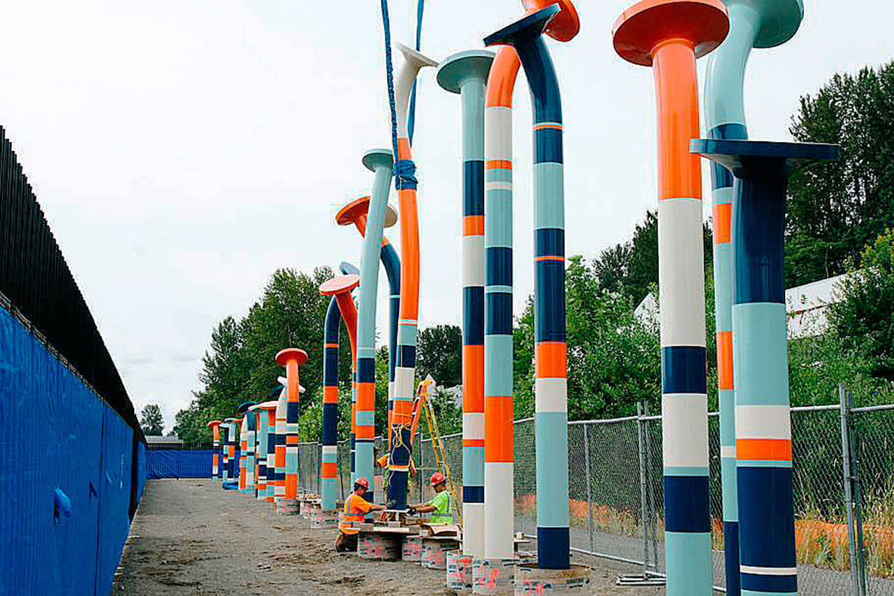 “Nails” by Christian Moeller consists of 45 metal poles shaped to resemble tall bent nails - ranging from 11.5 to 30 feet tall near the future light rail maintenance facility in Bellevue. COURTESY PHOTO, Sound Transit