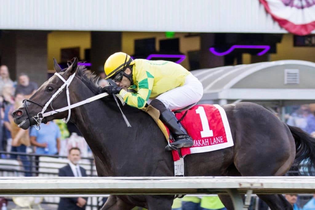 Makah Lane and jockey Juan Gutierrez dart to victory in the $50,000 Washington Cup Sophomore Colt Gelding showdown at Emerald Downs on Sunday. COURTESY TRACK PHOTO
