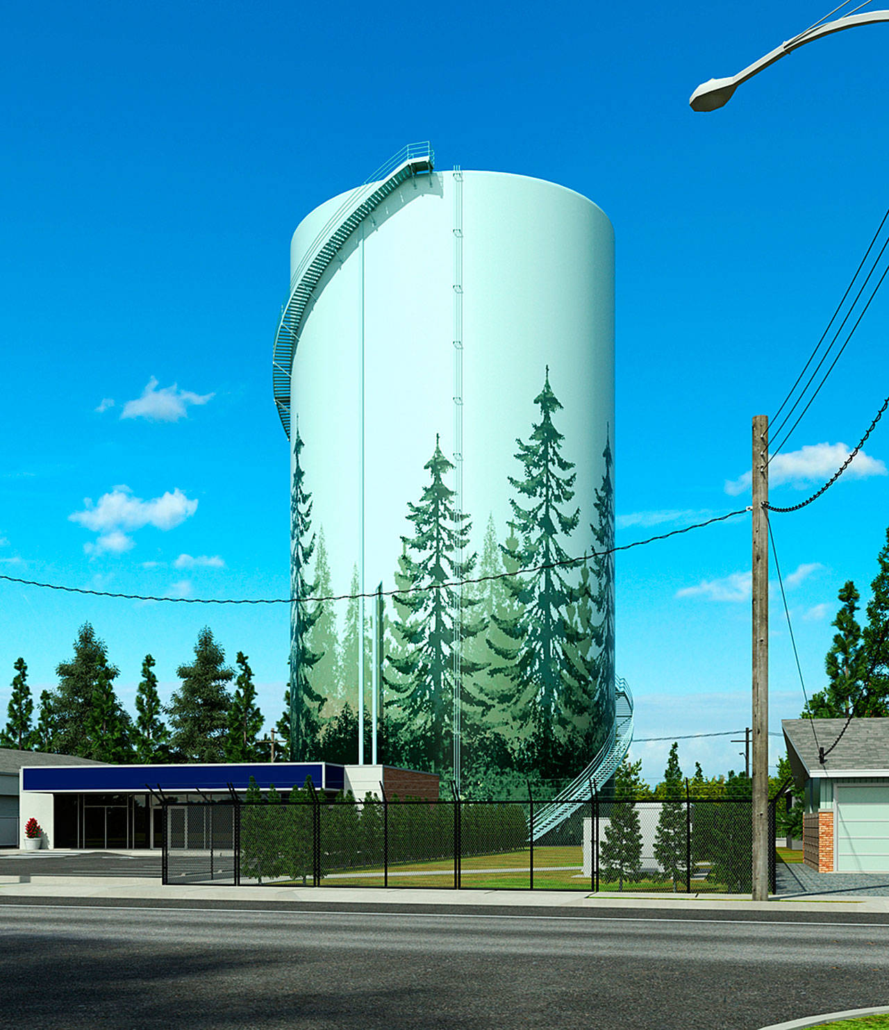 A rendering looking east toward a proposed West Hill water tower near Military Road South and South 248th Street. COURTESY GRAPHIC, City of Kent