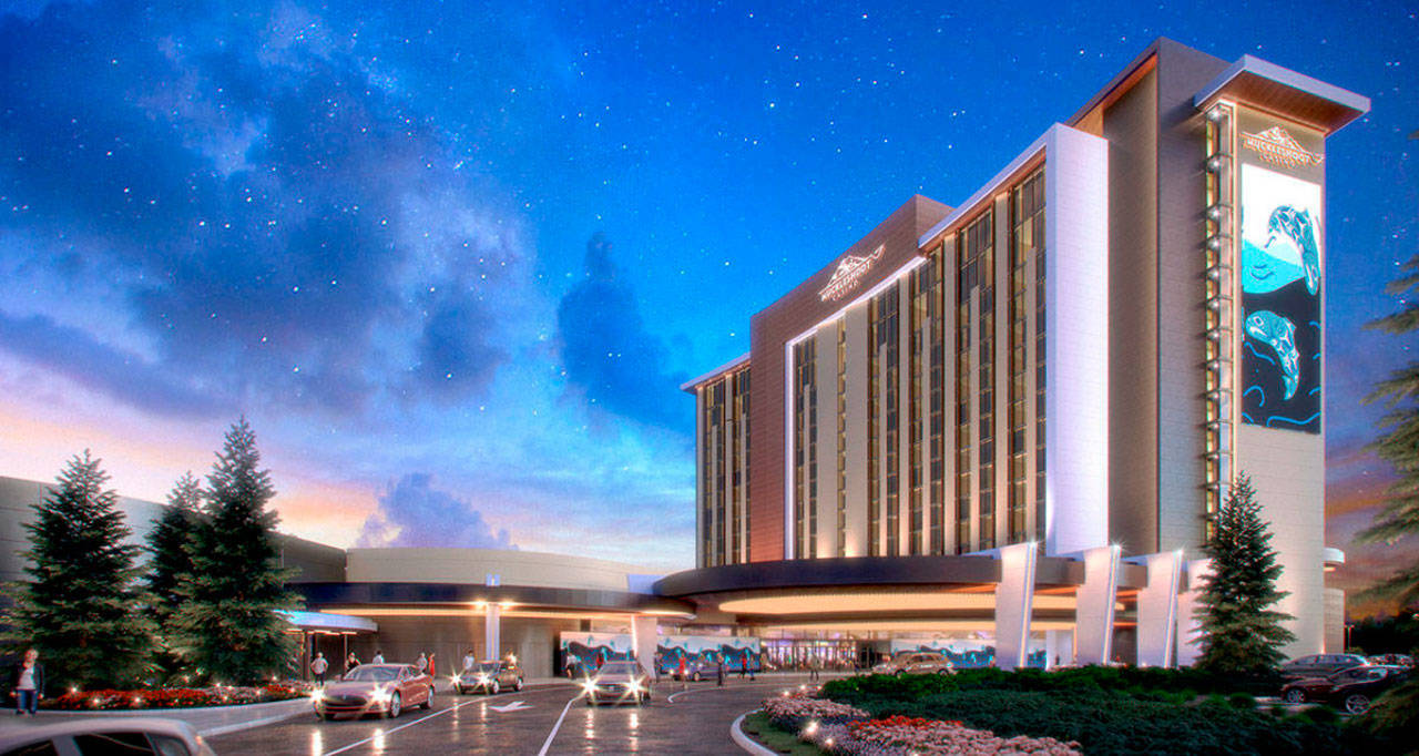 A rendering of what the Muckleshoot Tribe’s 18-story, 400-room hotel resort will look like when it is expected to open in 2021, next to its main casino at 2402 Auburn Way S. COURTESY IMAGE, Tribe/Smarthouse Creative