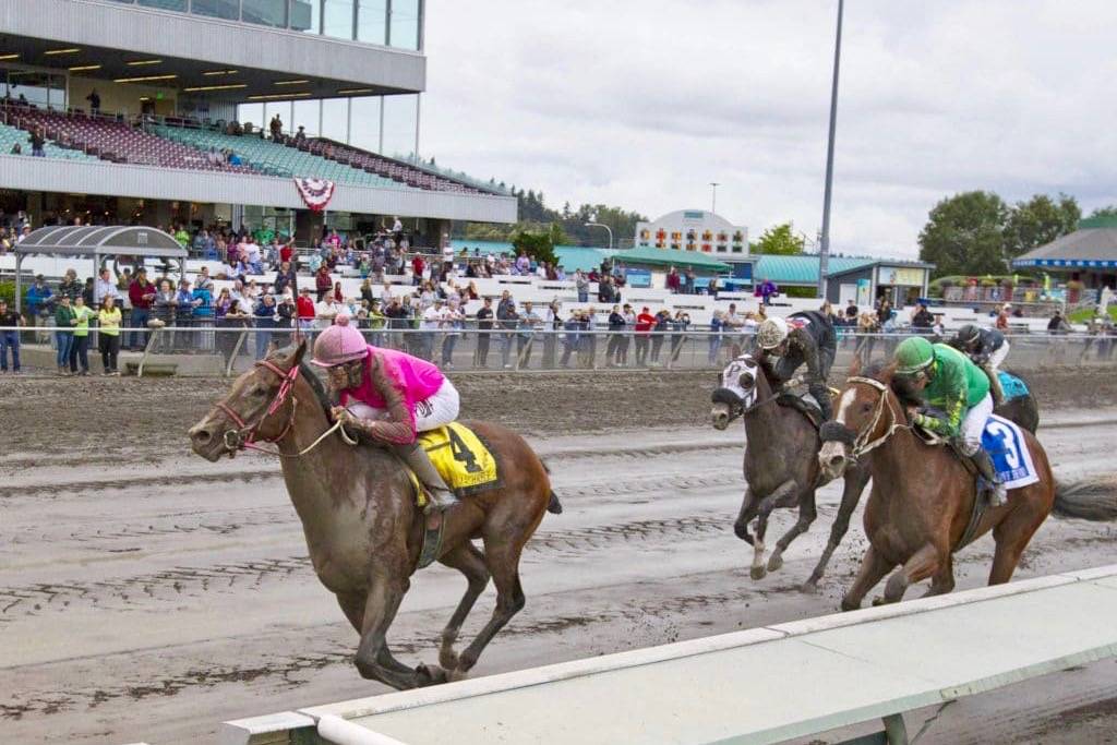 Unmachable and jockey Alex Anaya dart to victory in the $50,000 Washington Cup Juvenile Presented by Elysian Brewing Company at Emerald Downs on Sunday. COURTESY TRACK PHOTO
