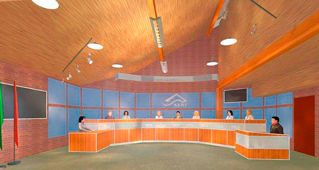 A rendering of the new Council Chambers at Kent City Hall. Crews are expected to finish the work in early October. COURTESY GRAPHIC, City of Kent