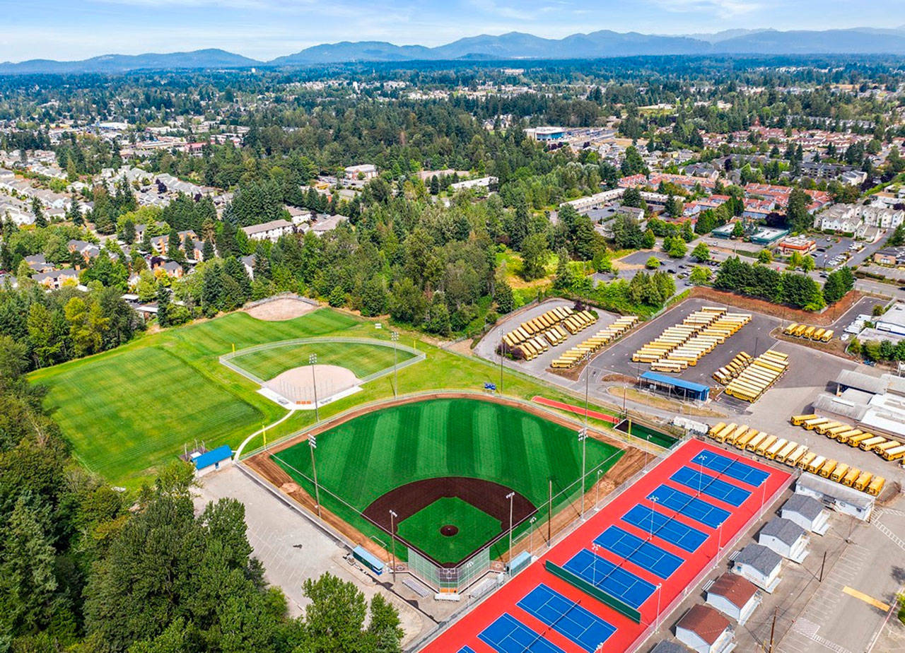 A look at the new synthetic baseball field at Kent-Meridian High, new tennis courts and practice fields. COURTESY PHOTO, Kent School District