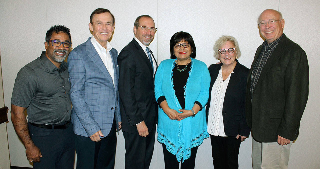 Sound Transit CEO Peter Rogoff joins civic and community leaders at King County Councilmember Pete von Reichbauer’s Good Eggs breakfast. From left, ST Fabrication CEO Jesse Cherian; von Reichbauer; Sound Transit CEO Peter Rogoff; El Centro De La Raza Executive Director Estela Ortega; state Sen. Claire Wilson, D-Auburn; and Washington State University Regent Scott Carson. COURTESY PHOTO
