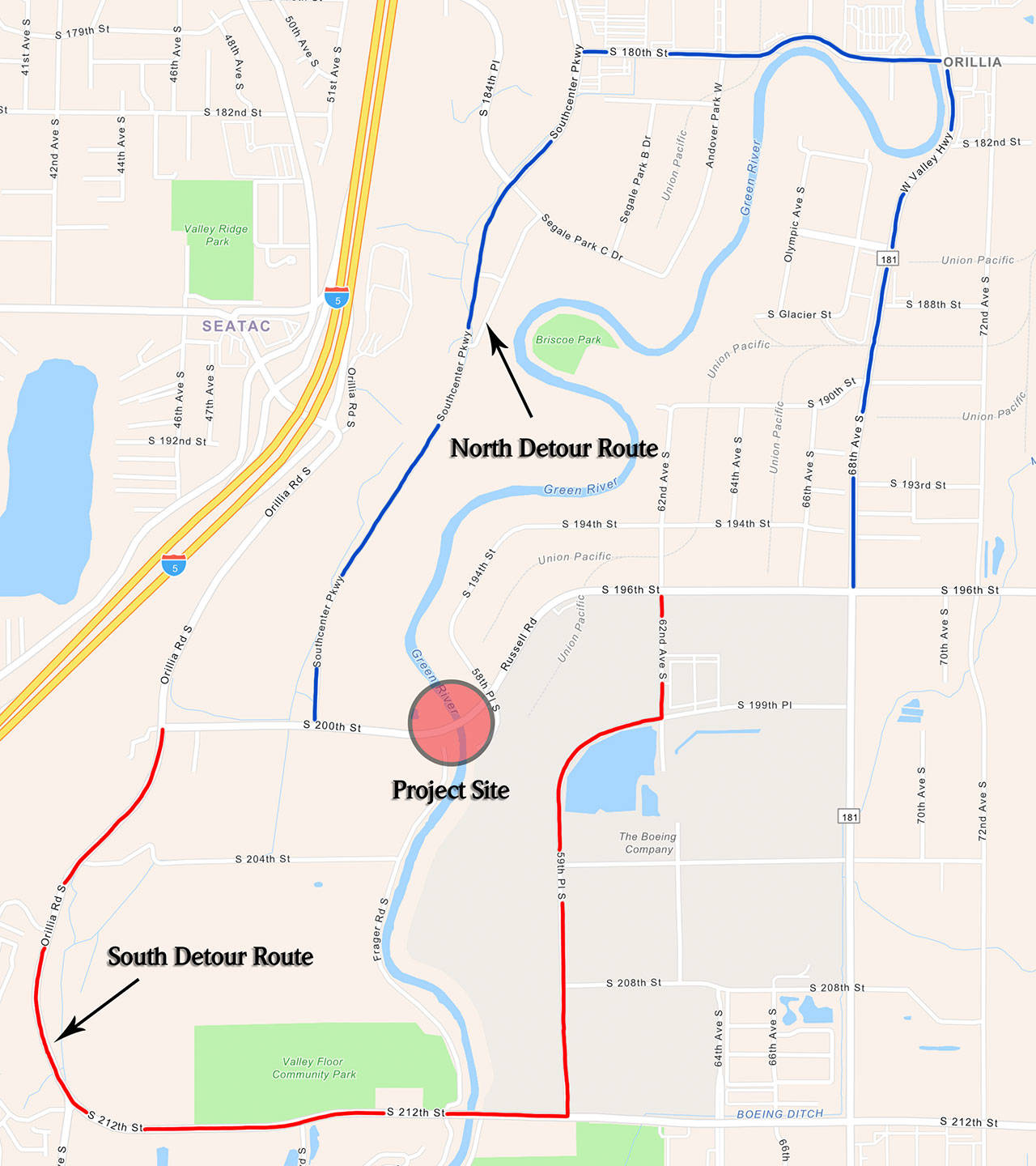 Drivers will need to take alternate routes during bridge construction along South 196th/200th Street on the Tukwila-Kent border just east of Orilla Road. COURTESY GRAPHIC, City of Tukwila