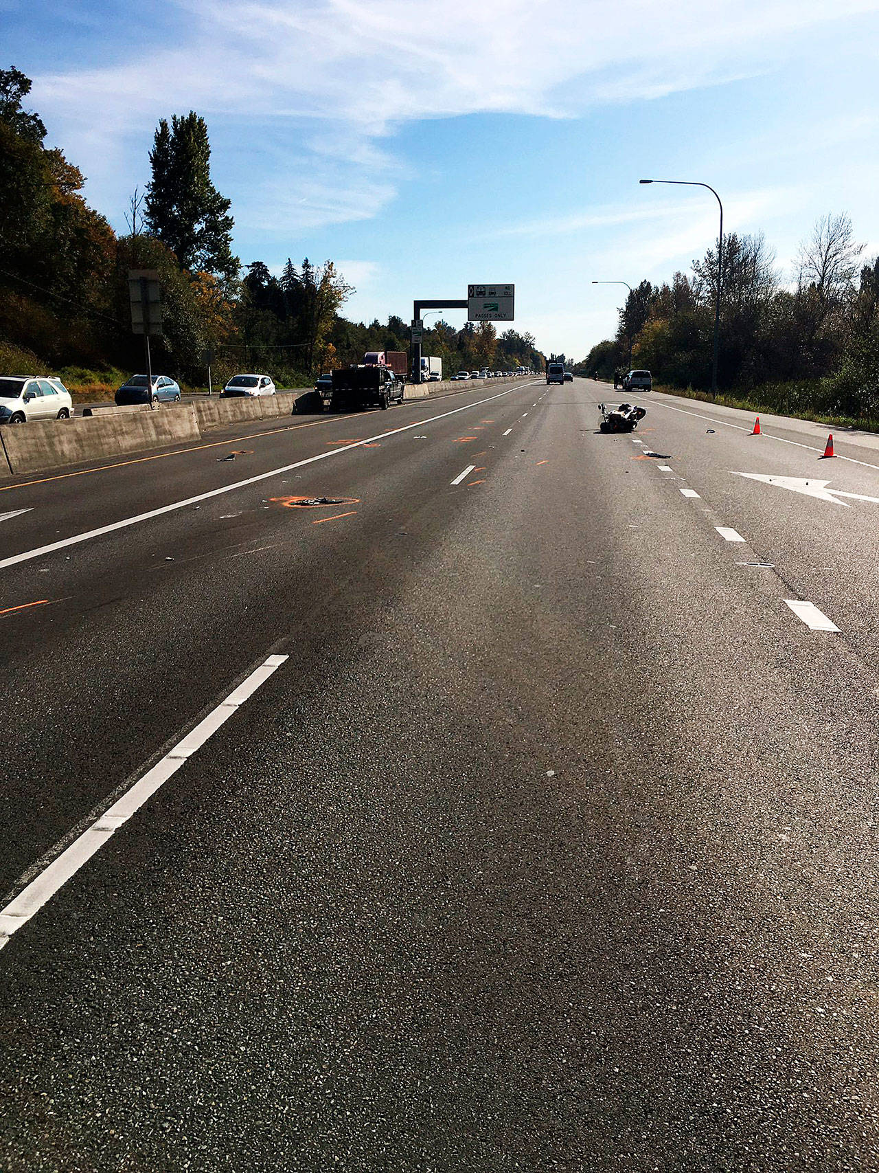 A fatal motorcycle crash on Friday afternoon caused the closure of all southbound lanes of Highway 167 near the South 180th Street exit. COURTESY PHOTO, State Patrol