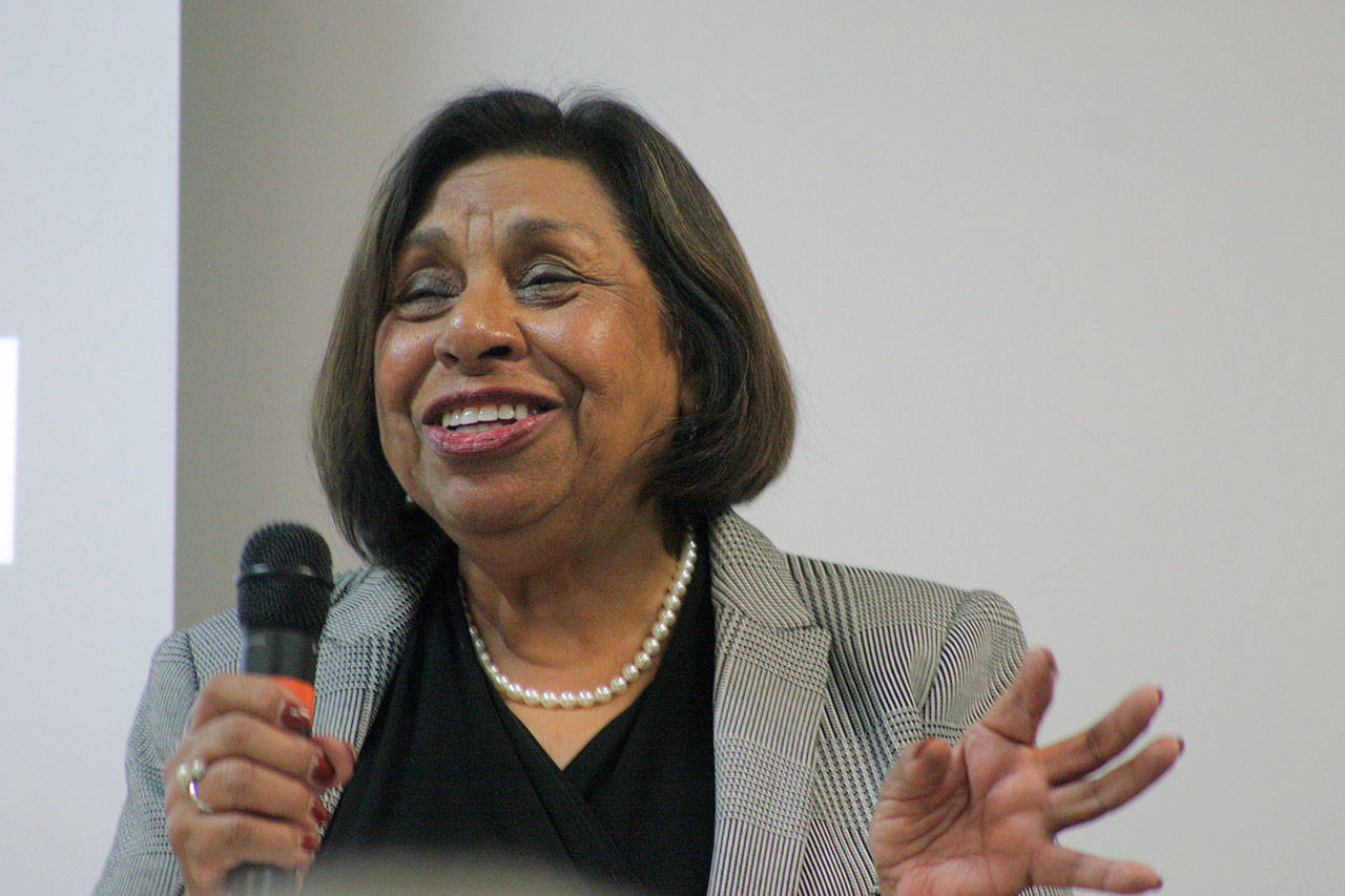 Sylvia Mendez, a civil rights activist of Mexican-Puerto Rican heritage, talks to the audience during her visit to the Green River College Kent Campus on Nov. 14. MARK KLAAS, Kent Reporter