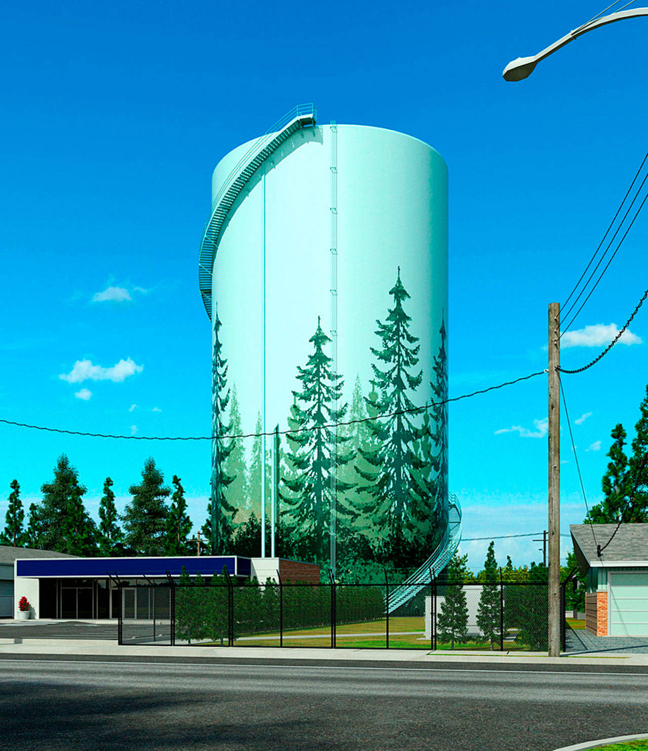 A rendering looking east toward a 16-story West Hill water tower to be built near Military Road South and South 248th Street. COURTESY GRAPHIC, City of Kent
