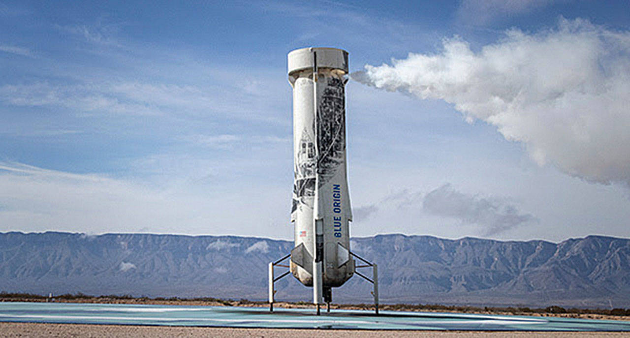 Kent-based Blue Origin’s New Shepard booster on the pad in West Texas after its sixth flight. COURTESY PHOTO, Blue Origin
