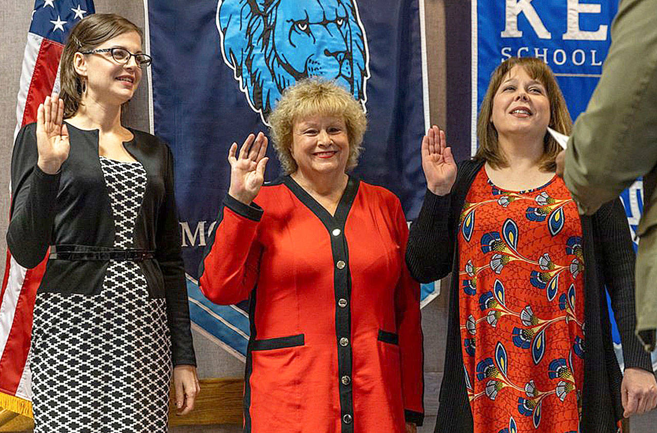 New Kent School Board members Leah Bowen, Leslie Hamada and Michele Greenwood Bettinger take the oath of office Dec. 11. COURTESY PHOTO, Kent School District